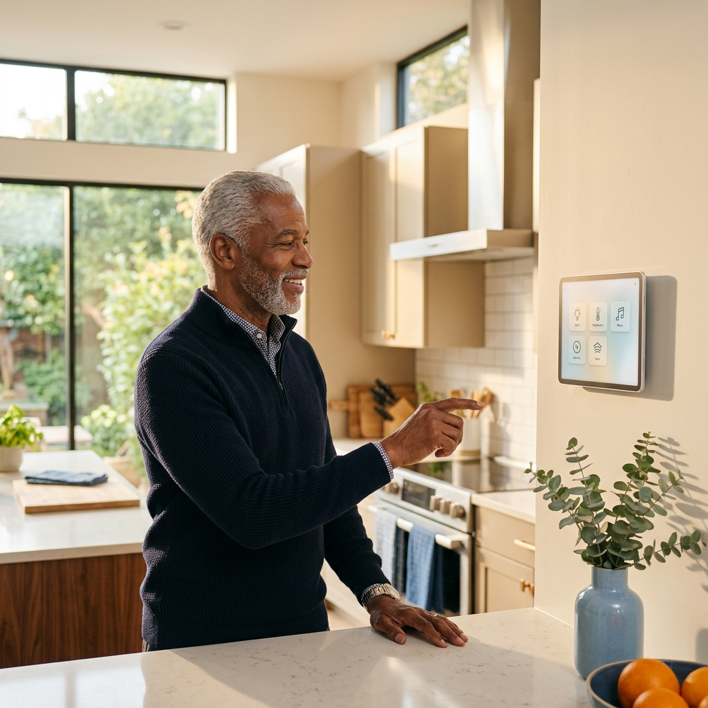 A senior man confidently using a smart home tablet in a bright, modern kitchen