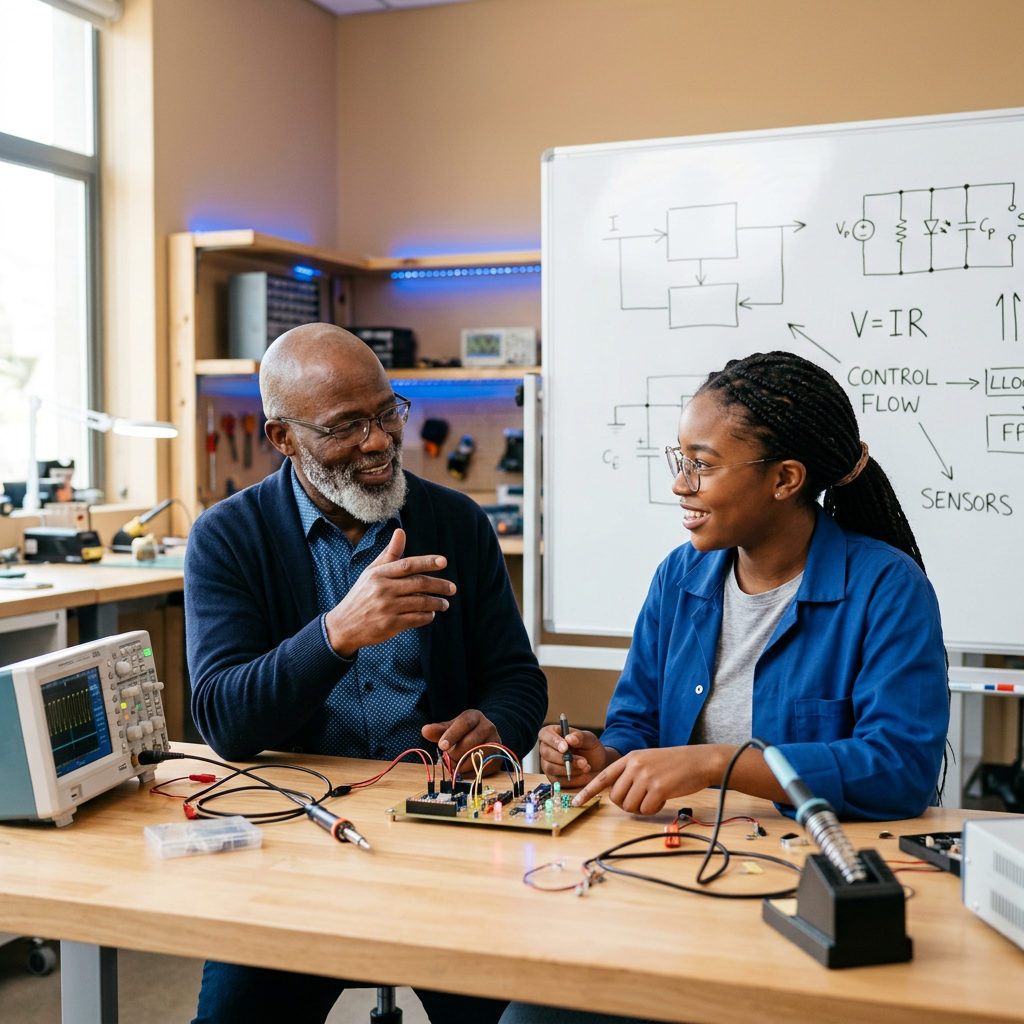 A senior man and engineer collaborating on custom electronic solutions in a bright workshop