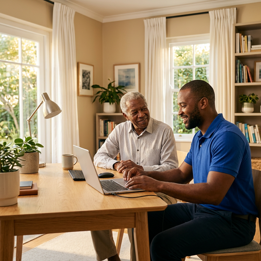A technician installing a laptop setup for an elderly gentleman in a bright home office