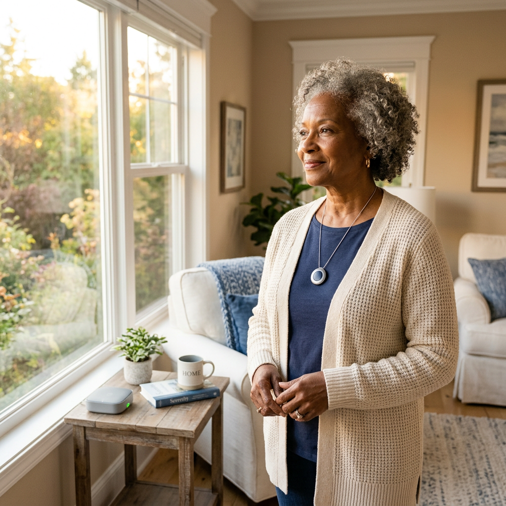 A senior woman wearing a medical alert pendant standing confidently by a window