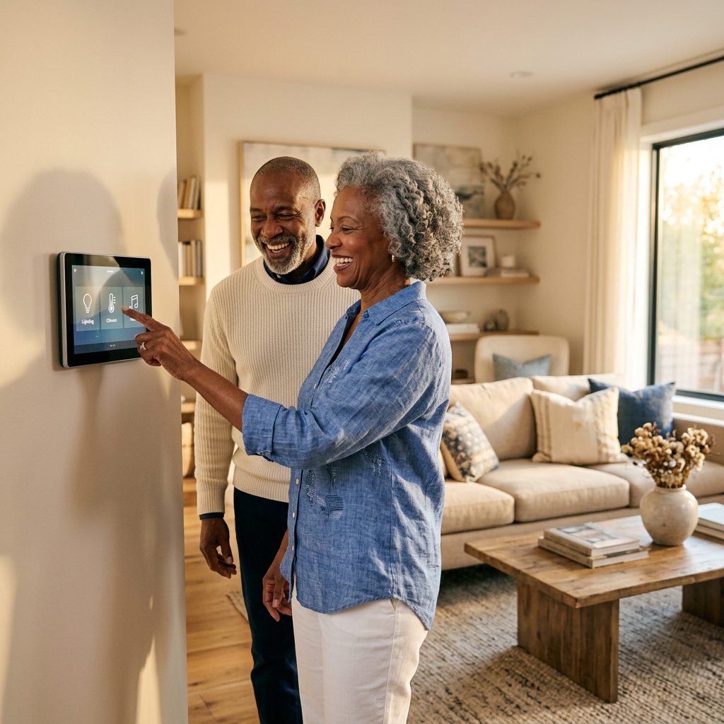 An elegant senior couple using a smart home control panel in their bright living room